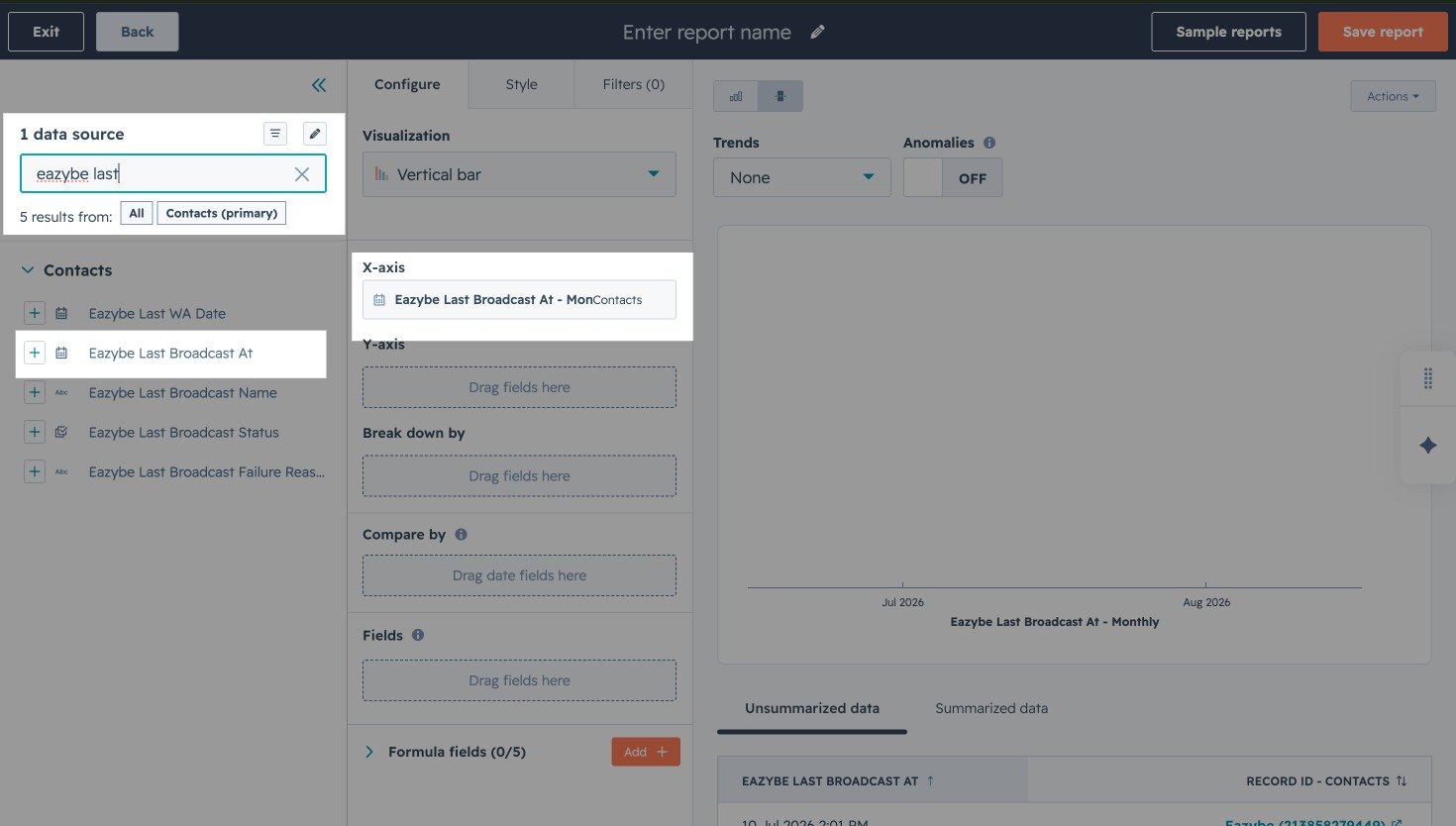 HubSpot custom report builder with Eazybe Last Broadcast At added to the X-axis and displayed monthly
