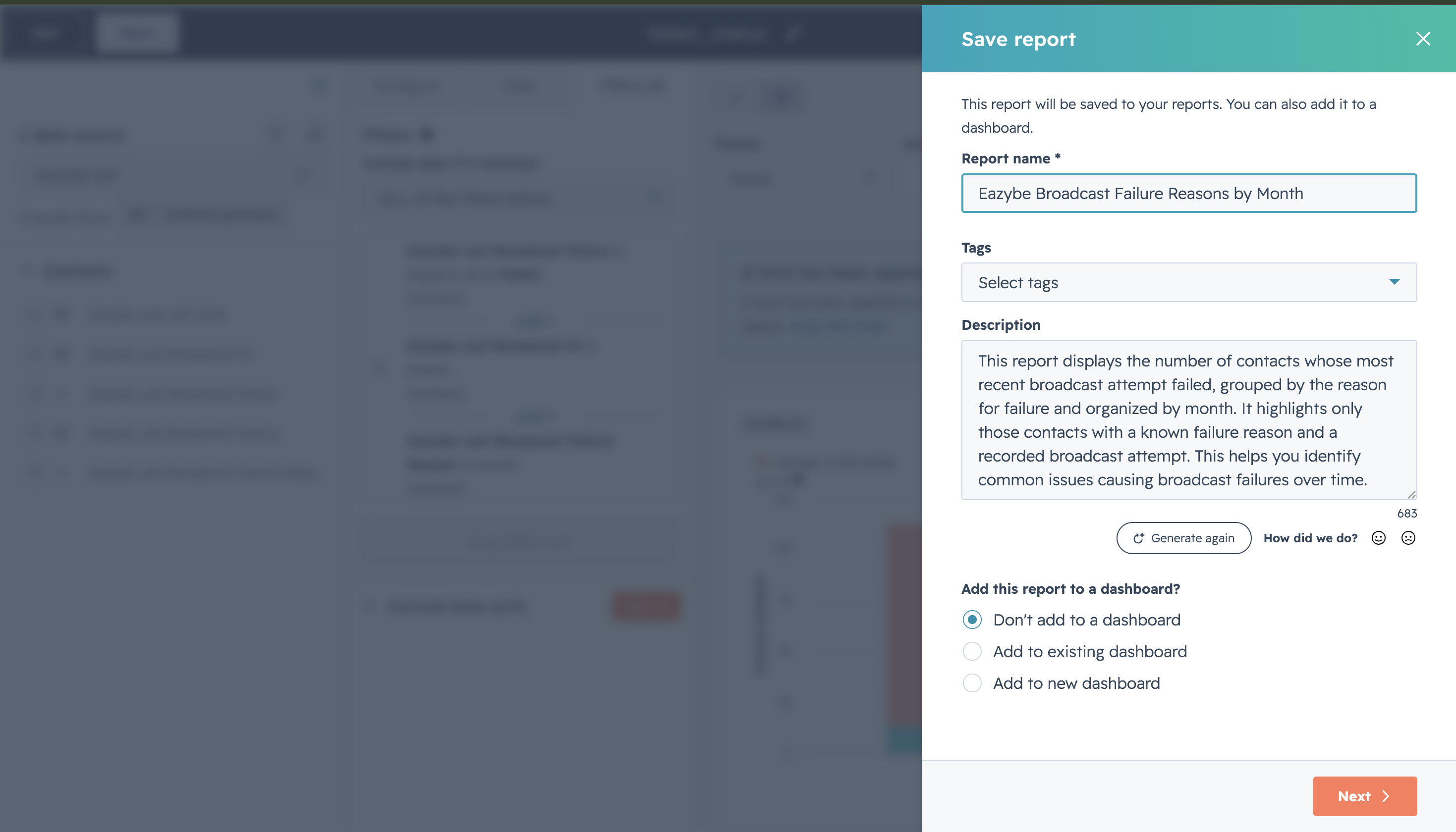 HubSpot Save report panel with Eazybe Broadcast Failure Reasons by Month entered as the report name