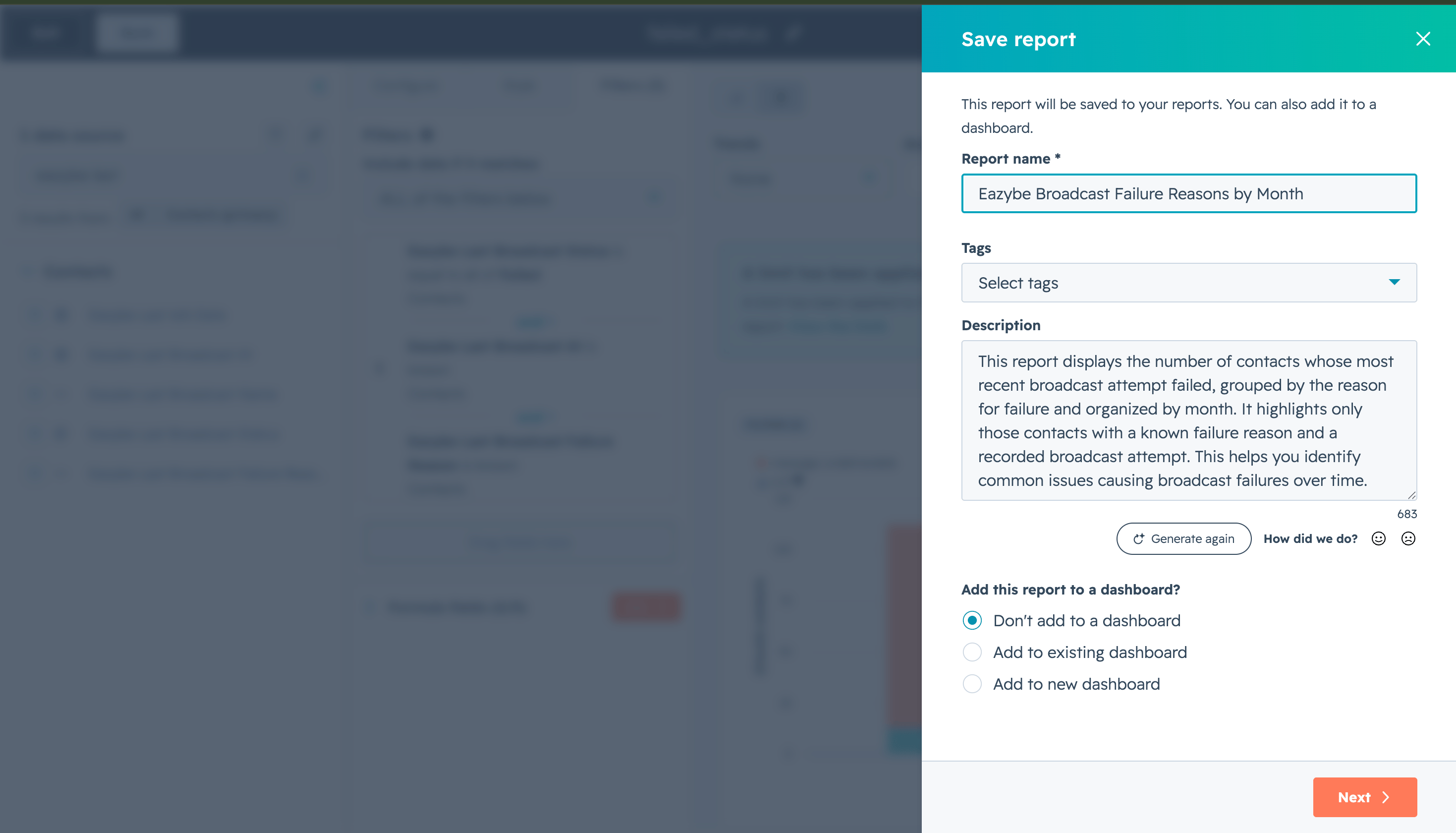 HubSpot Save report panel with Eazybe Broadcast Failure Reasons by Month entered as the report name