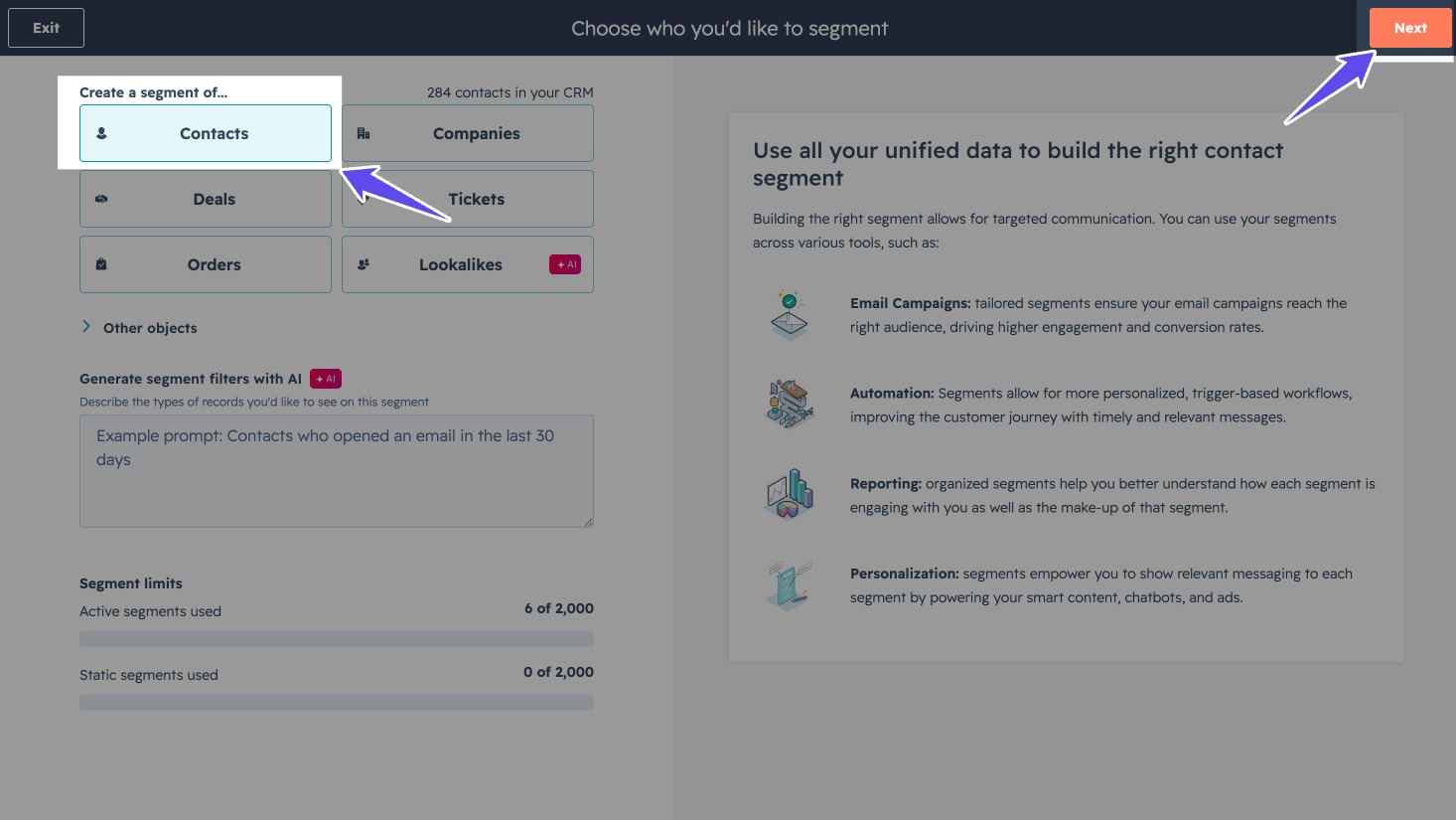 HubSpot segment setup with Contacts selected and the Next button highlighted