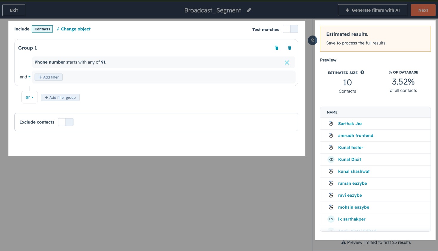 HubSpot segment editor showing a phone number filter and the estimated matching contacts