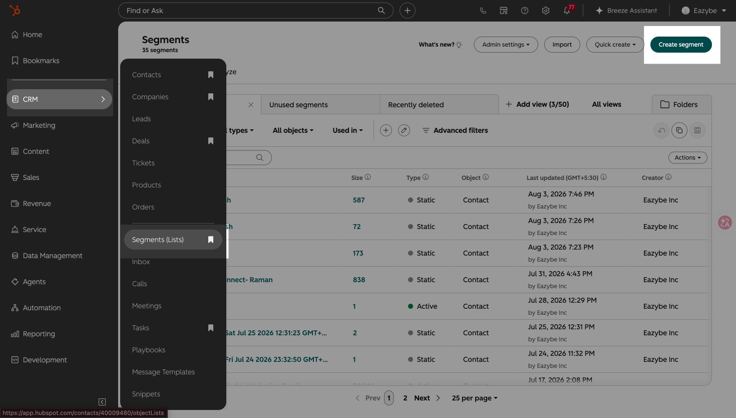 HubSpot CRM navigation with Segments Lists selected and the Create segment button highlighted