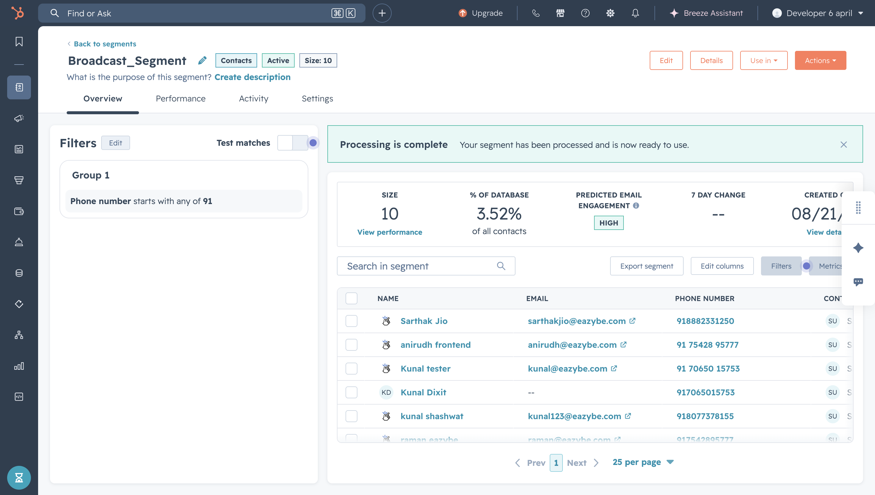 HubSpot segment overview showing the Processing is complete confirmation and processed contacts