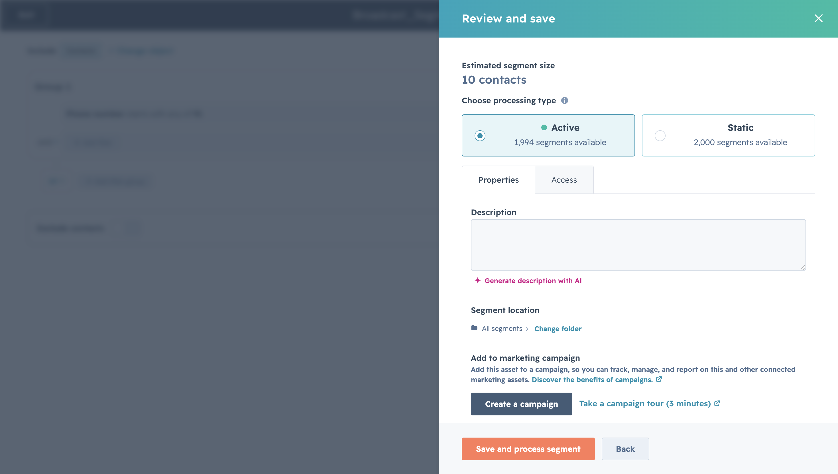 HubSpot Review and save panel showing Active and Static segment type options