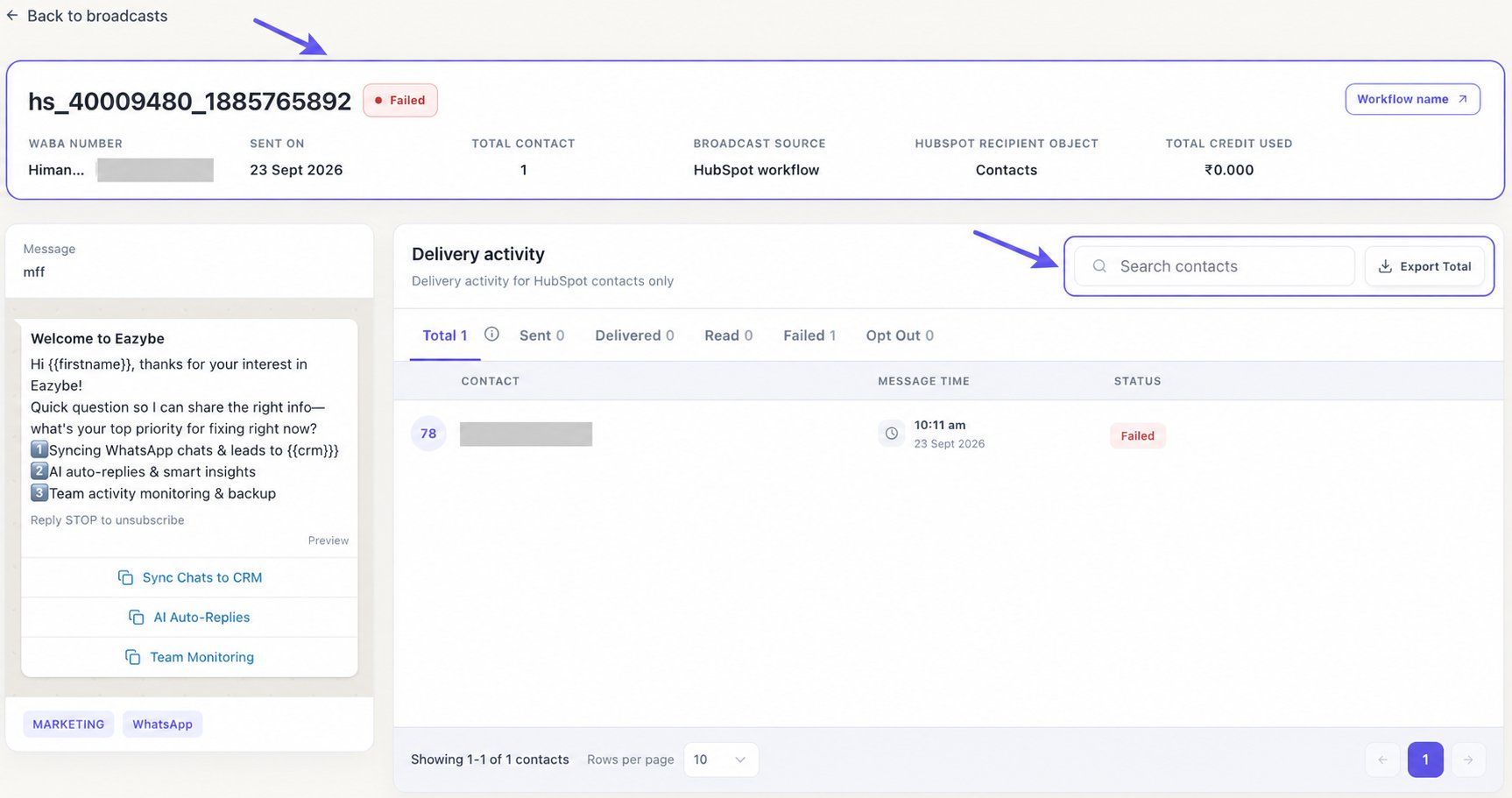 Campaign summary and message preview, with search and export controls highlighted and phone numbers redacted