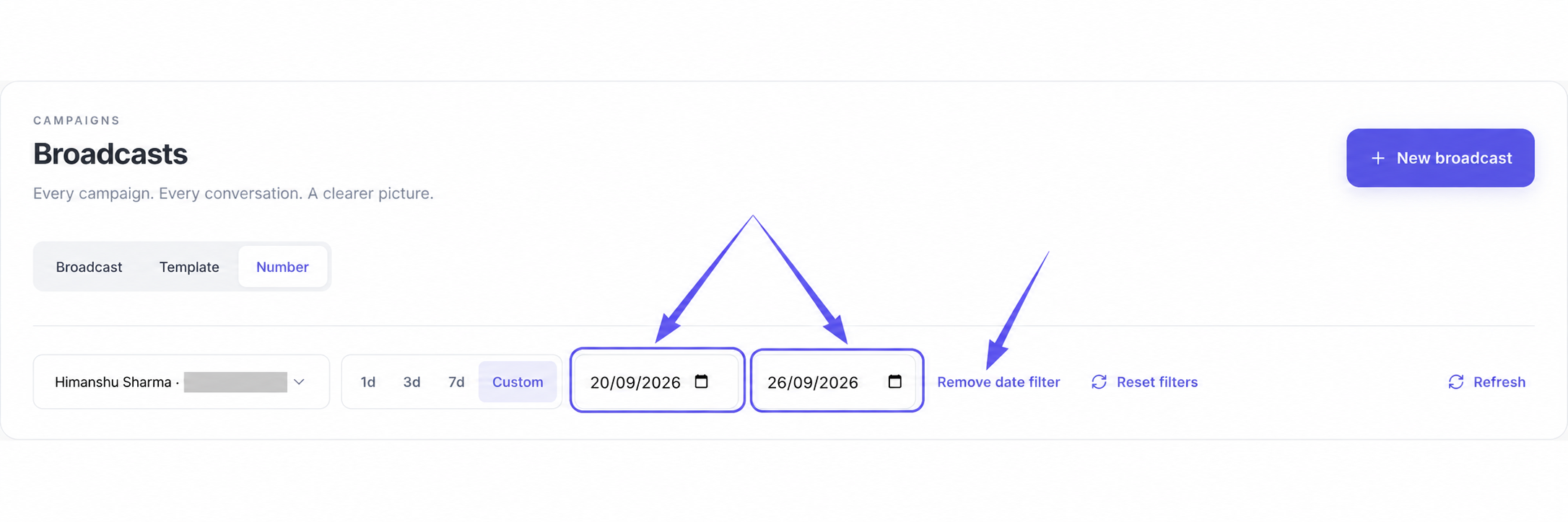 Custom selected, with the start and end date inputs and Remove date filter highlighted