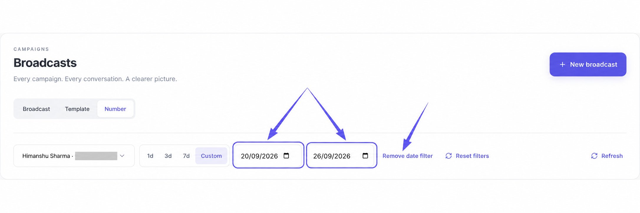 Custom selected, with the start and end date inputs and Remove date filter highlighted