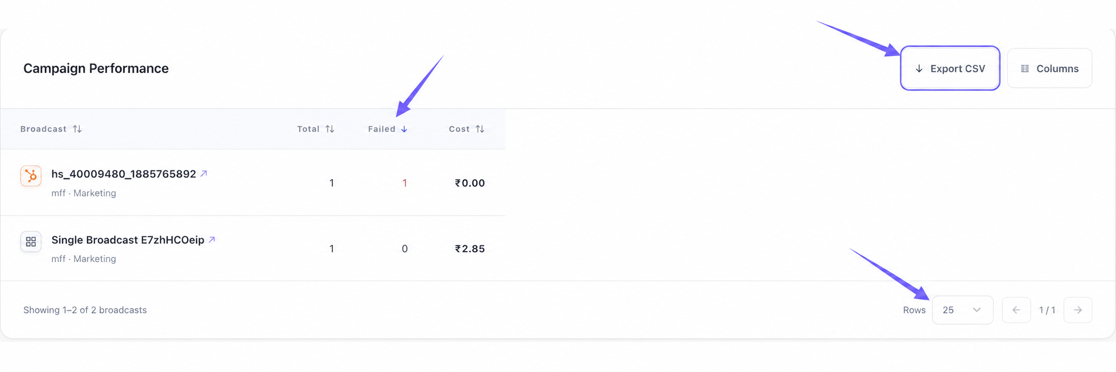 Report showing the Failed sort indicator and Rows pagination control highlighted