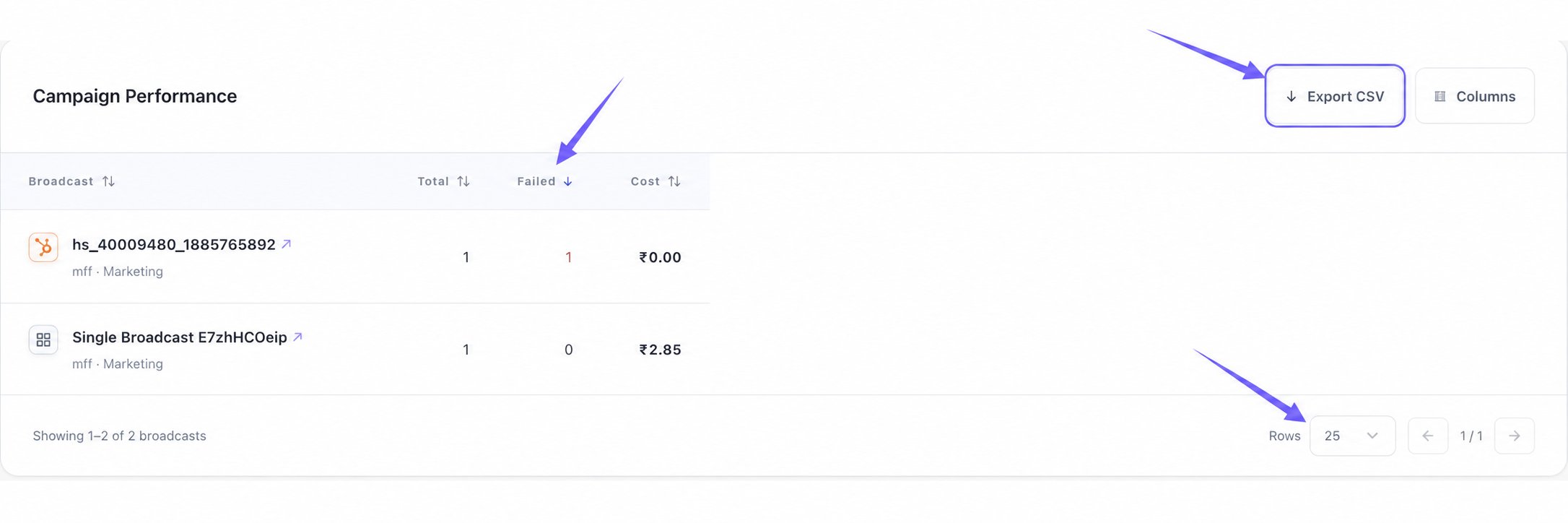 Report showing the Failed sort indicator and Rows pagination control highlighted