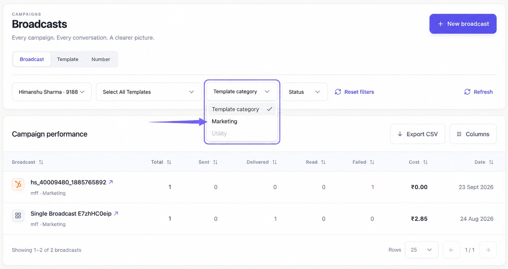 Template category menu showing Marketing and an unavailable Utility option