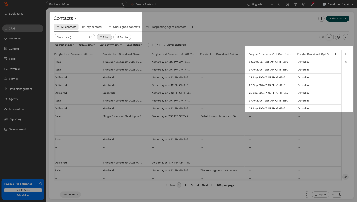 HubSpot Contacts table showing broadcast opt-out status and last-updated timestamps in GMT+5:30