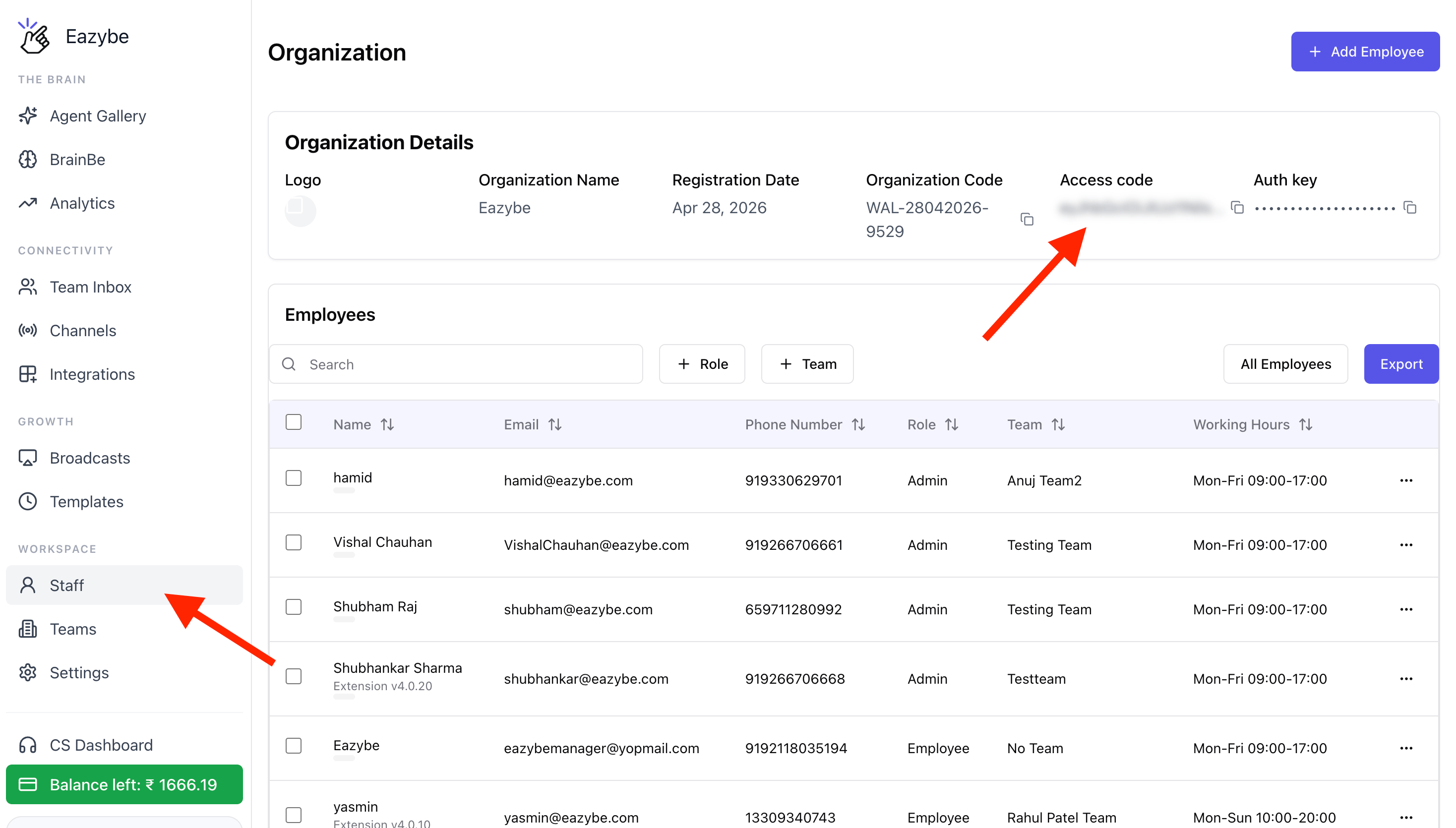 Find your bearer token under Workspace, Staff, and Access code