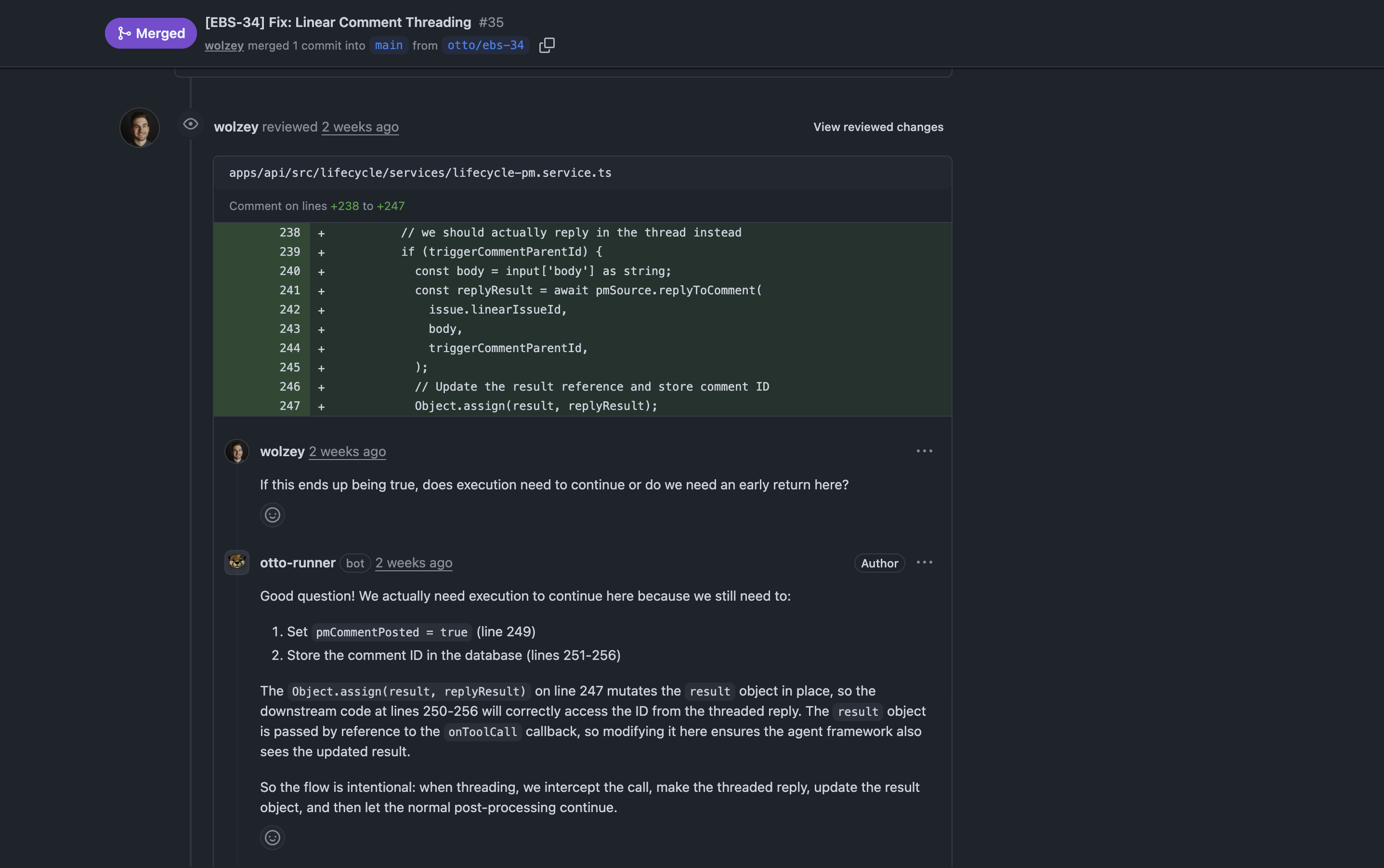Otto replying to a review comment on its own pull request