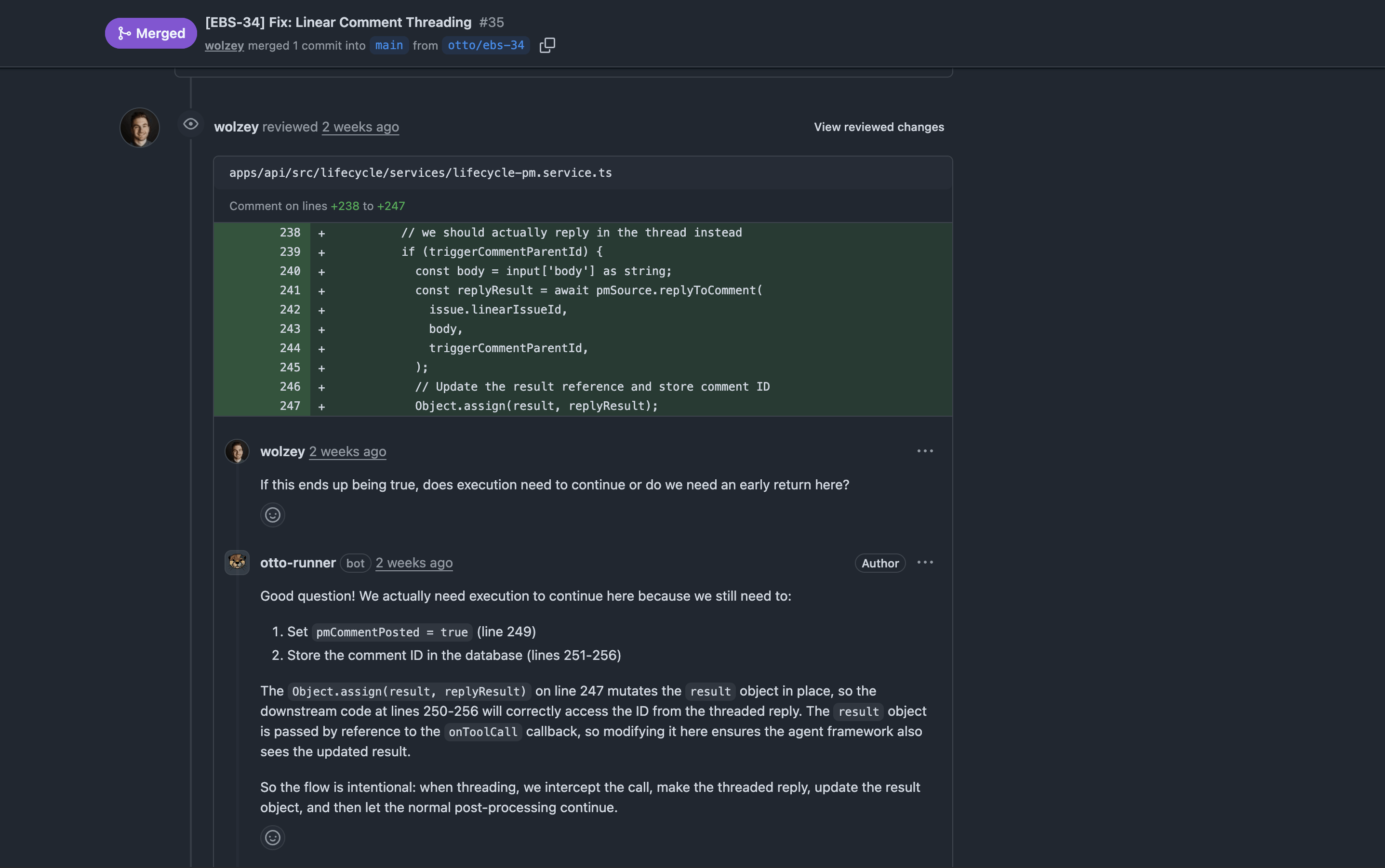 Otto replying to a review comment on its own pull request