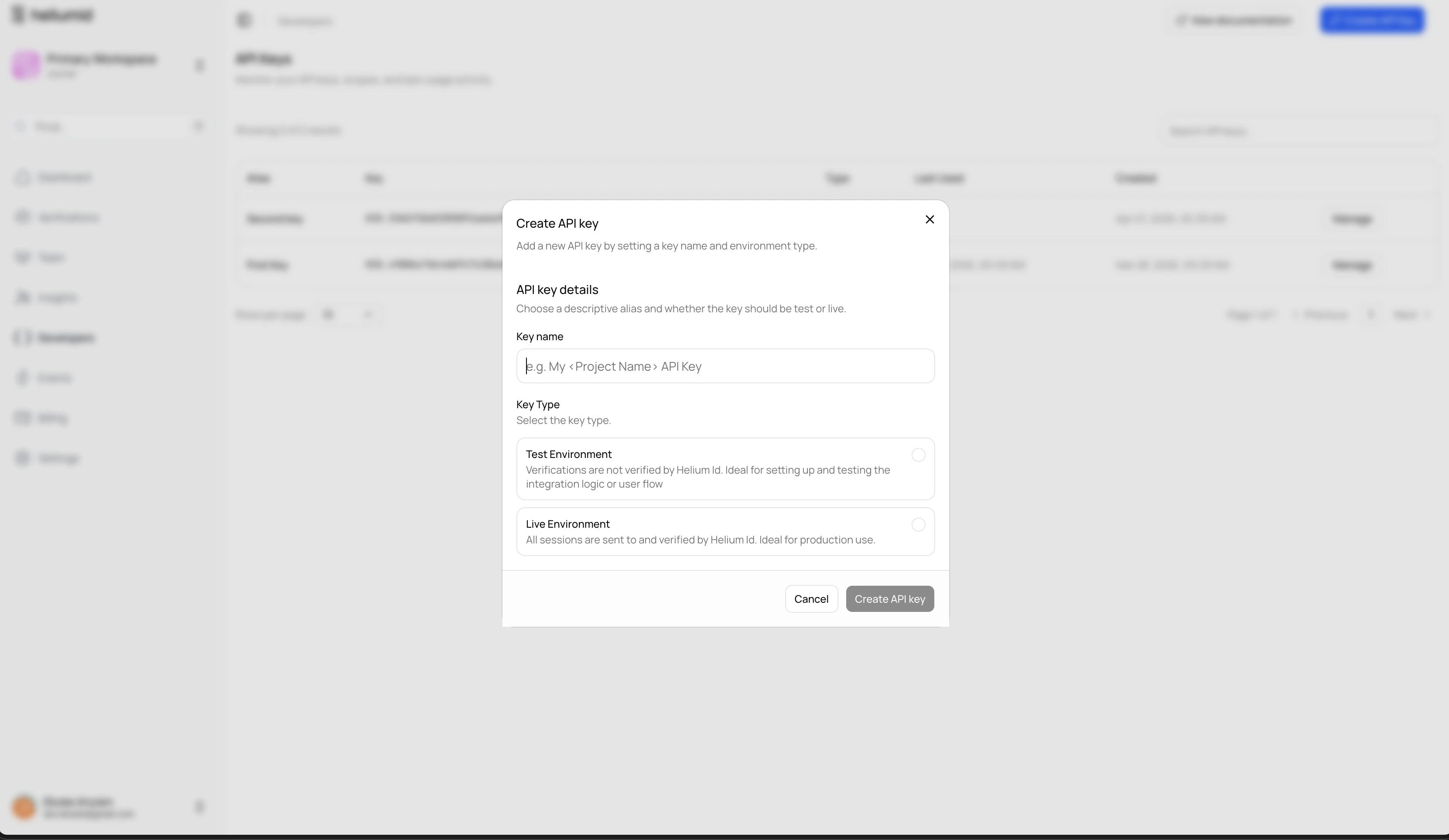 Helium ID Access Page (Light Mode)