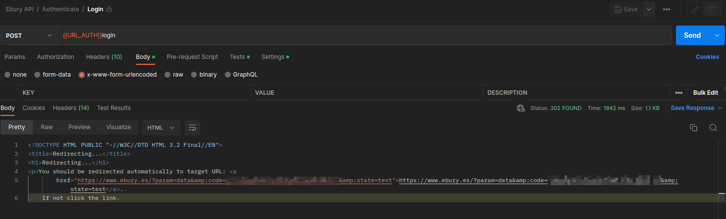 Login request returning the authorization code