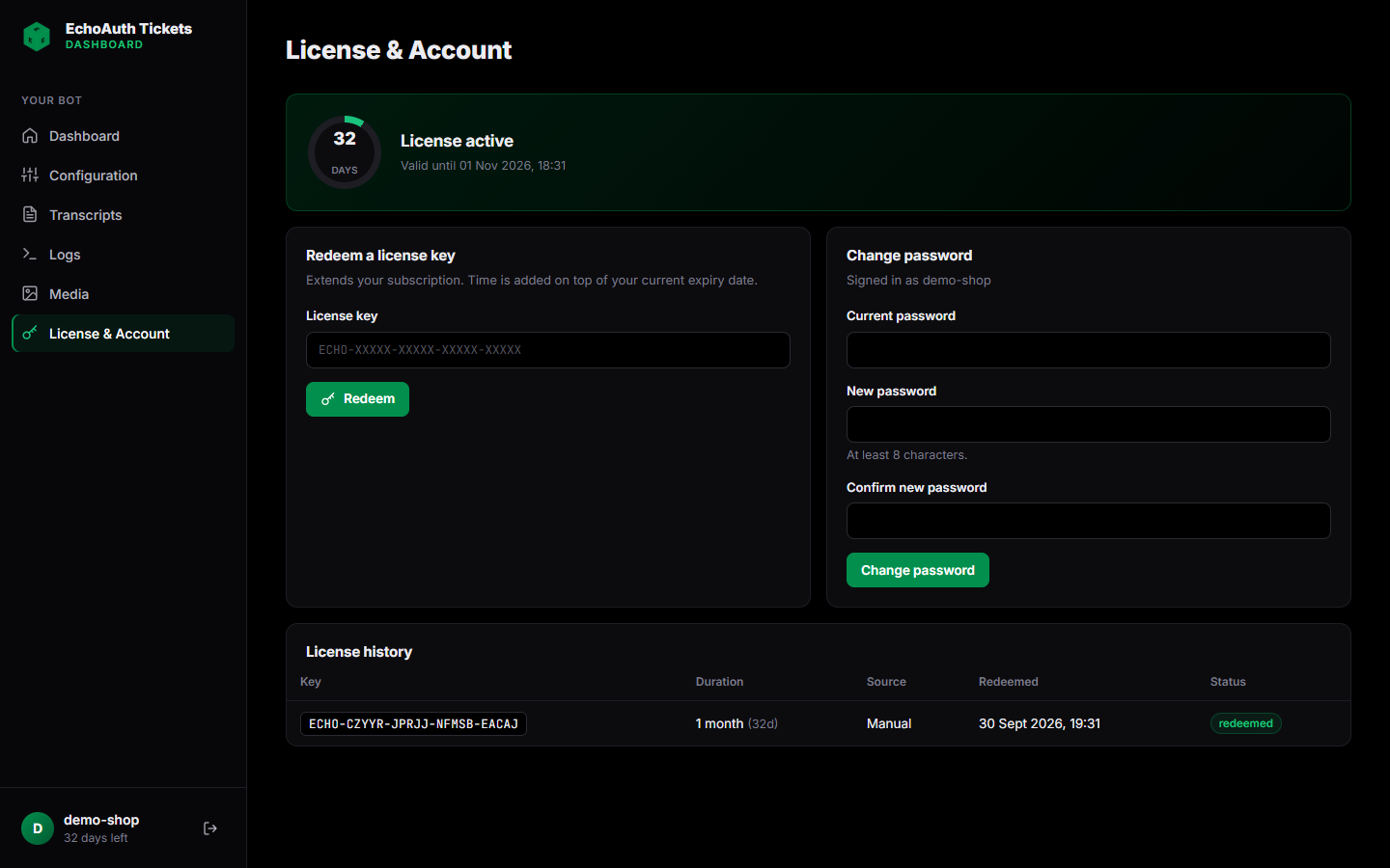 License and Account page with the redeem license key form, change password form and license history