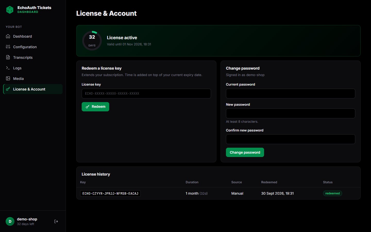 License and Account page with the redeem license key form, change password form and license history