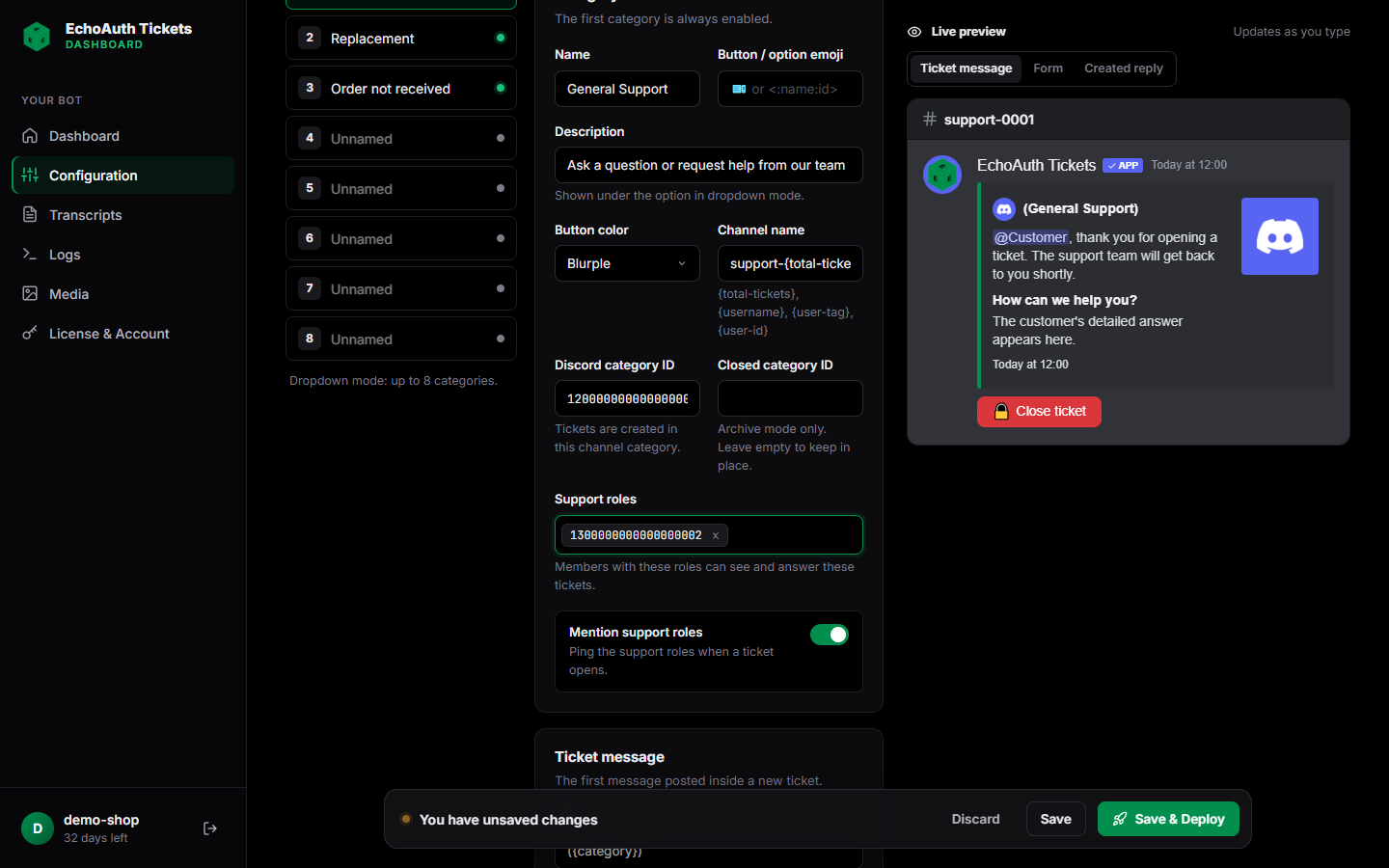 Categories tab with the Discord category ID and a support role filled in, next to a preview of the ticket message