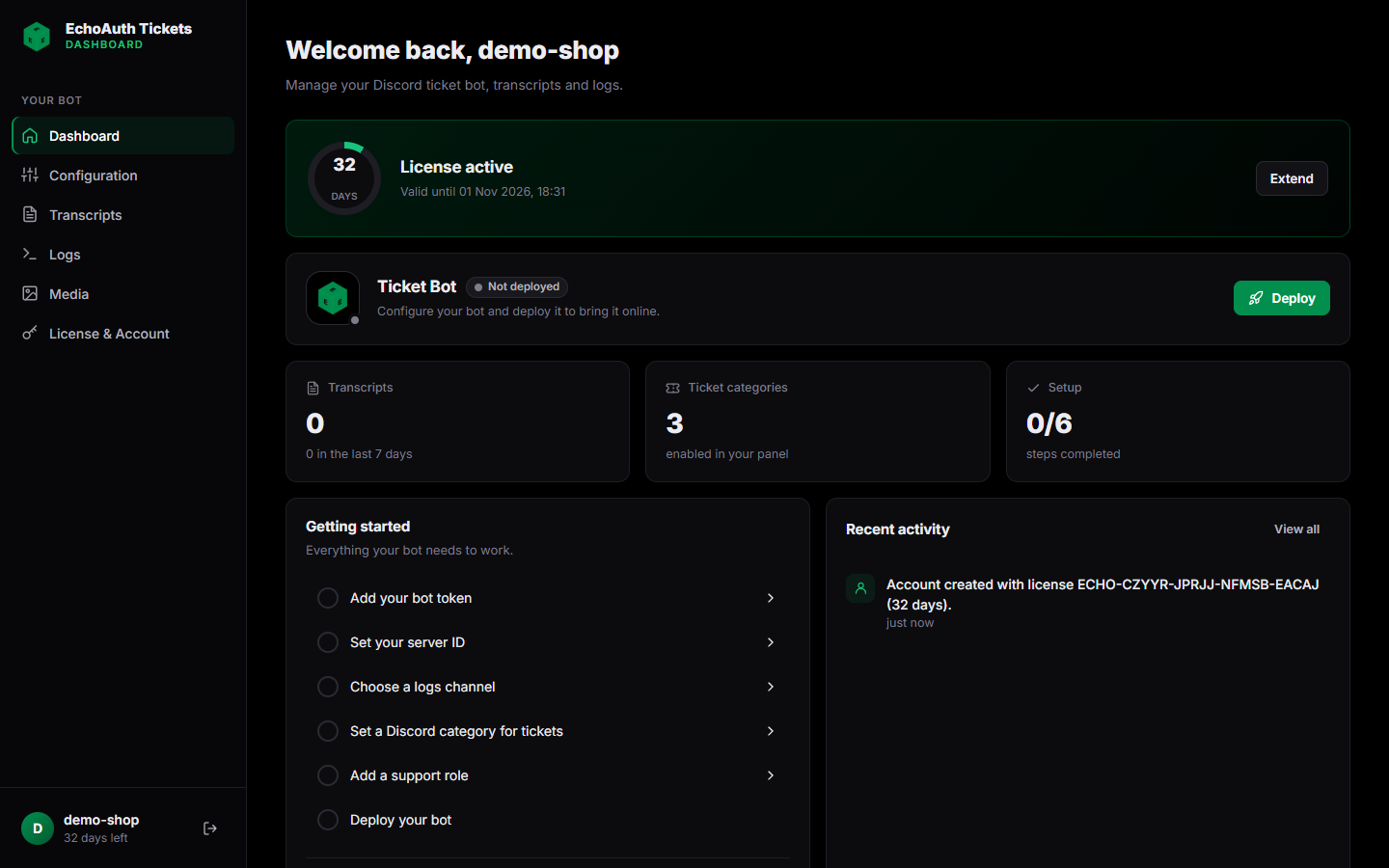 Dashboard showing an active license, a bot that is not deployed yet, and the getting started checklist