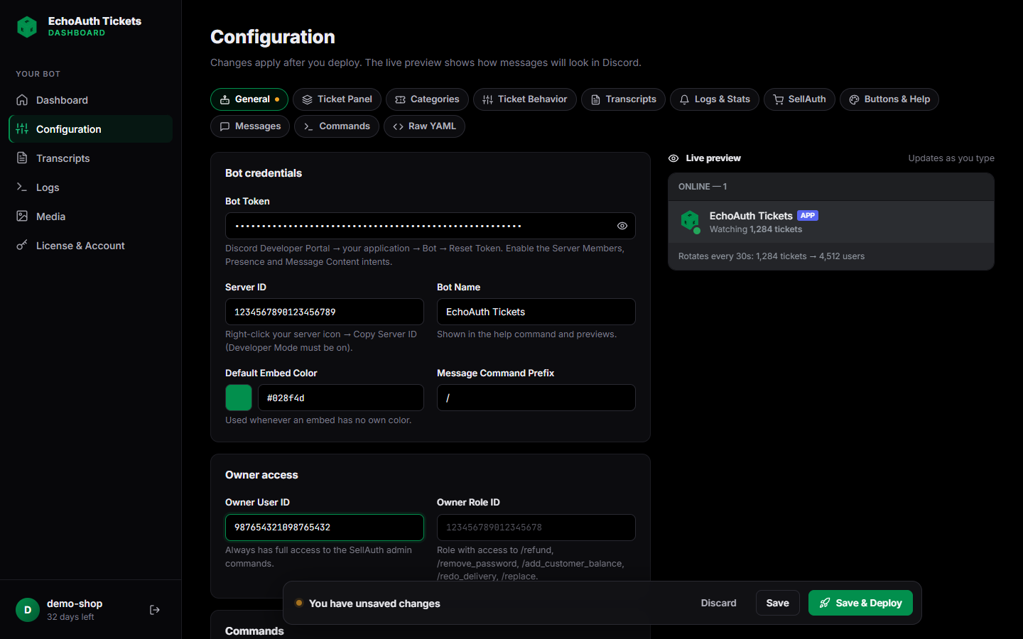 General configuration tab with bot token, server ID and owner user ID filled in, and the unsaved changes bar
