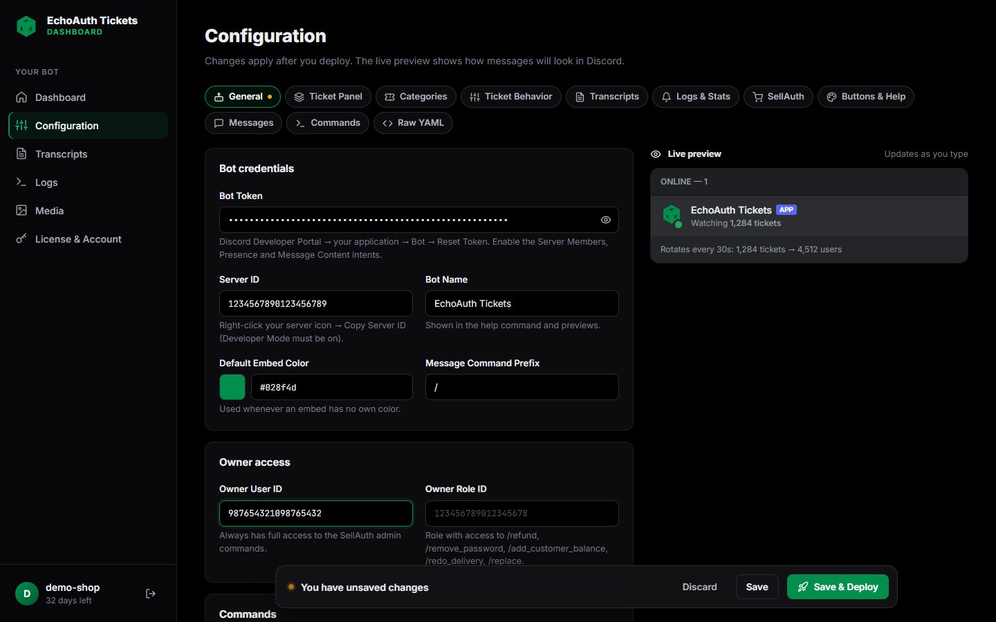 General configuration tab with bot token, server ID and owner user ID filled in, and the unsaved changes bar