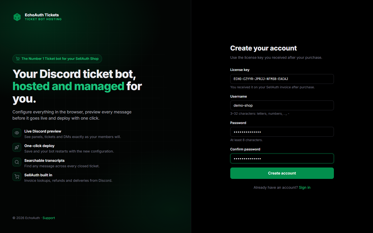 The Create your account form with license key, username and password fields