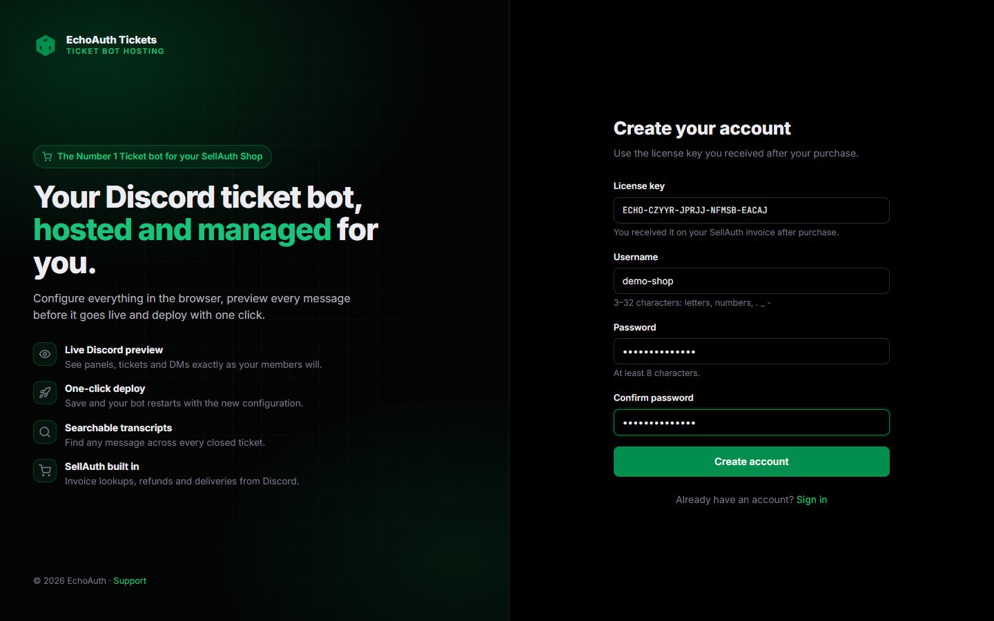 The Create your account form with license key, username and password fields