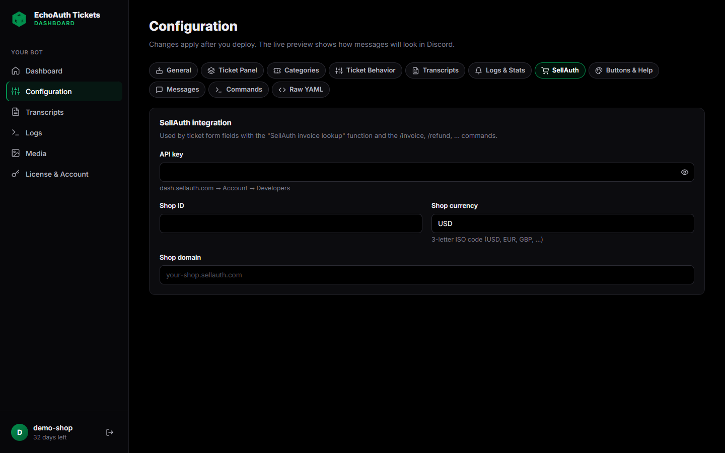 SellAuth integration tab with API key, shop ID, currency and domain fields