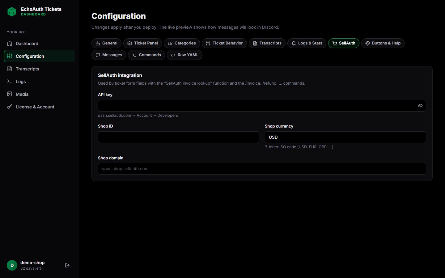 SellAuth integration tab with API key, shop ID, currency and domain fields