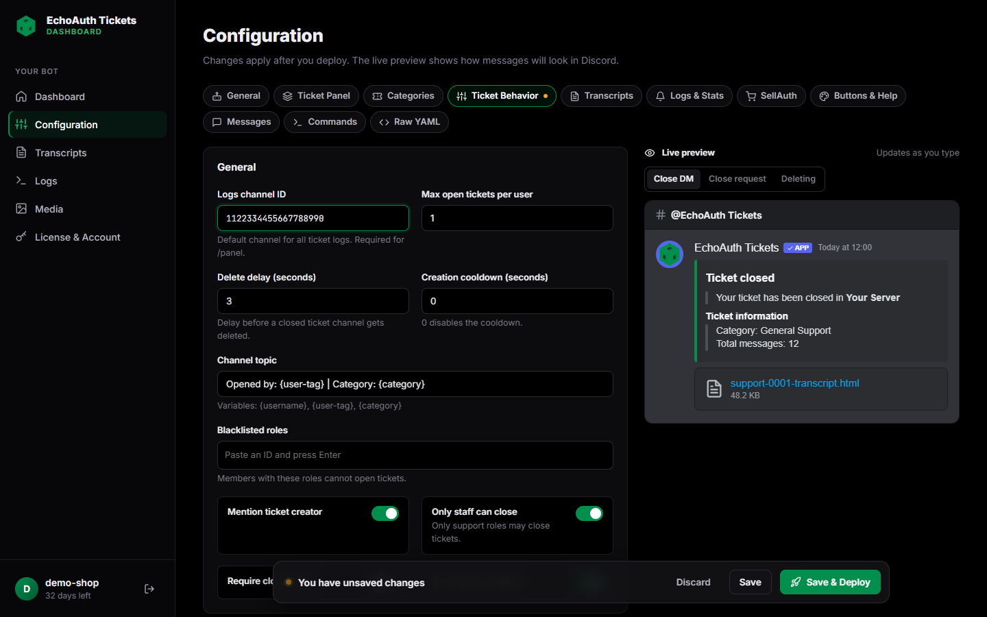 Ticket Behavior tab with the logs channel ID filled in