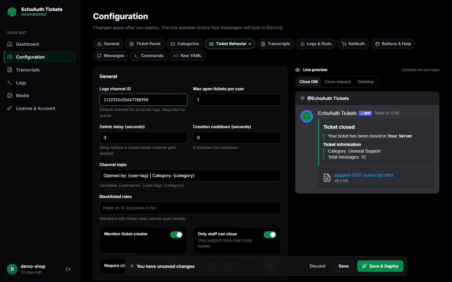 Ticket Behavior tab with the logs channel ID filled in