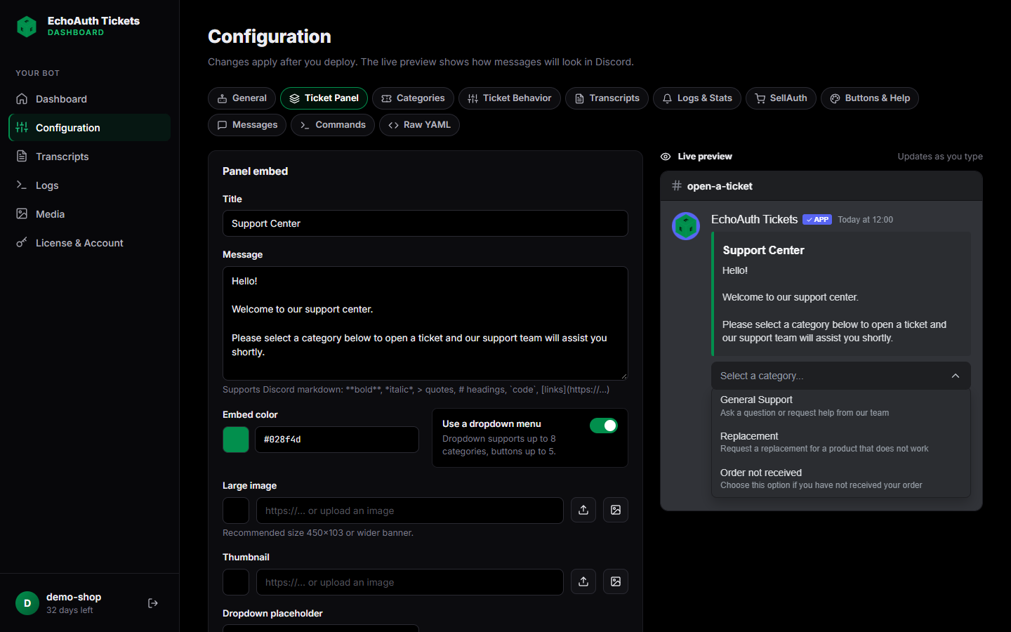 Ticket Panel tab next to a Discord preview of the Support Center panel with a category dropdown