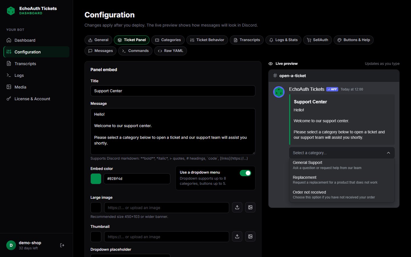 Ticket Panel tab next to a Discord preview of the Support Center panel with a category dropdown