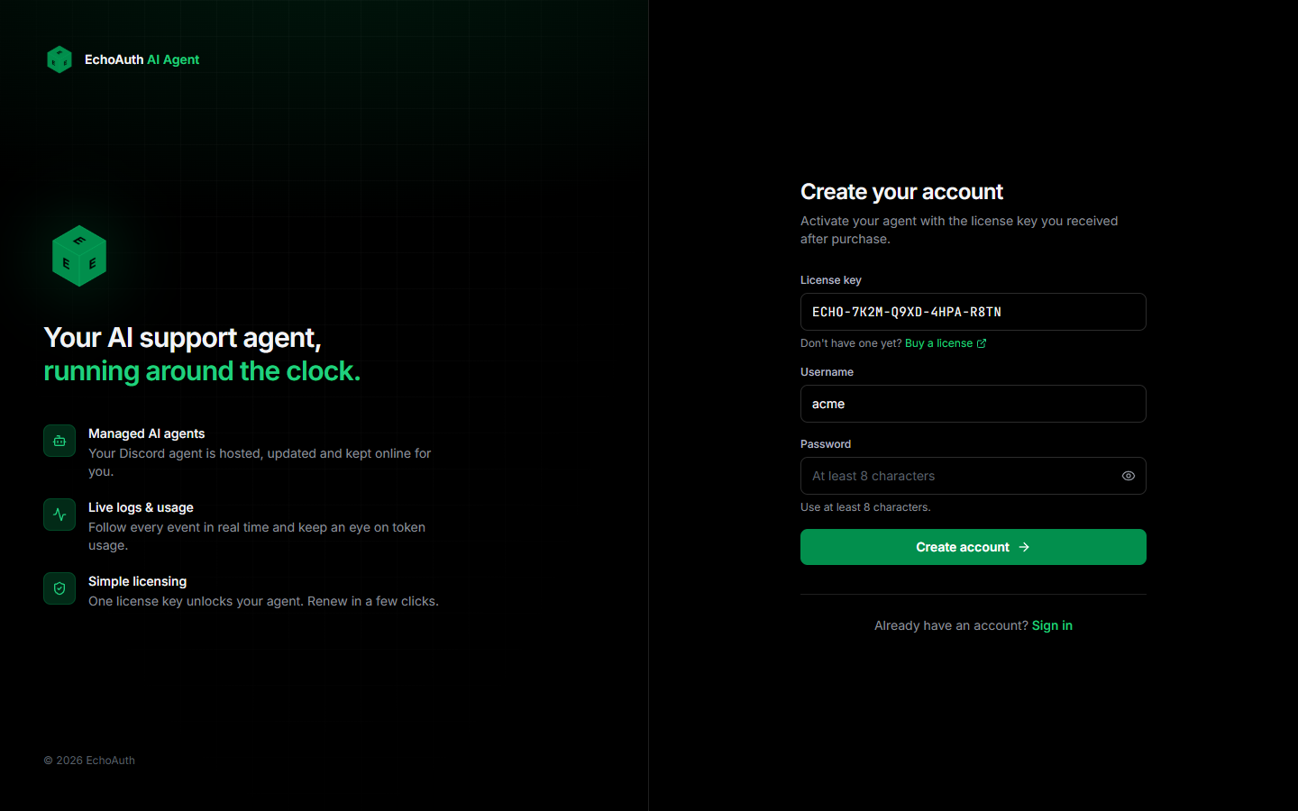Registration form with license key, username and password fields