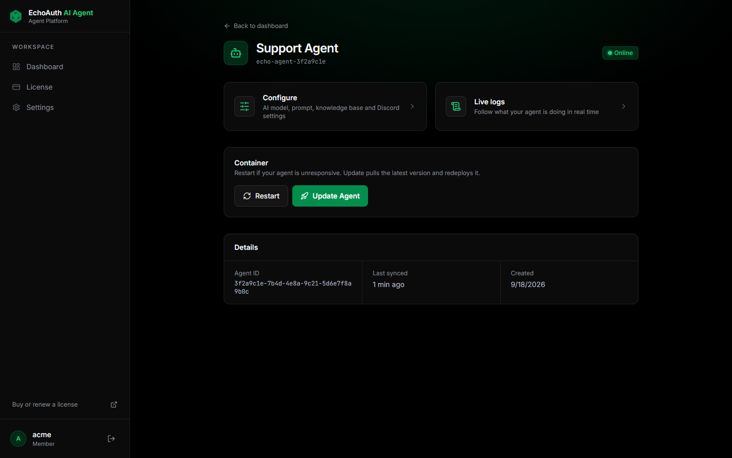 Agent page with Configure, Live logs, Restart and Update Agent