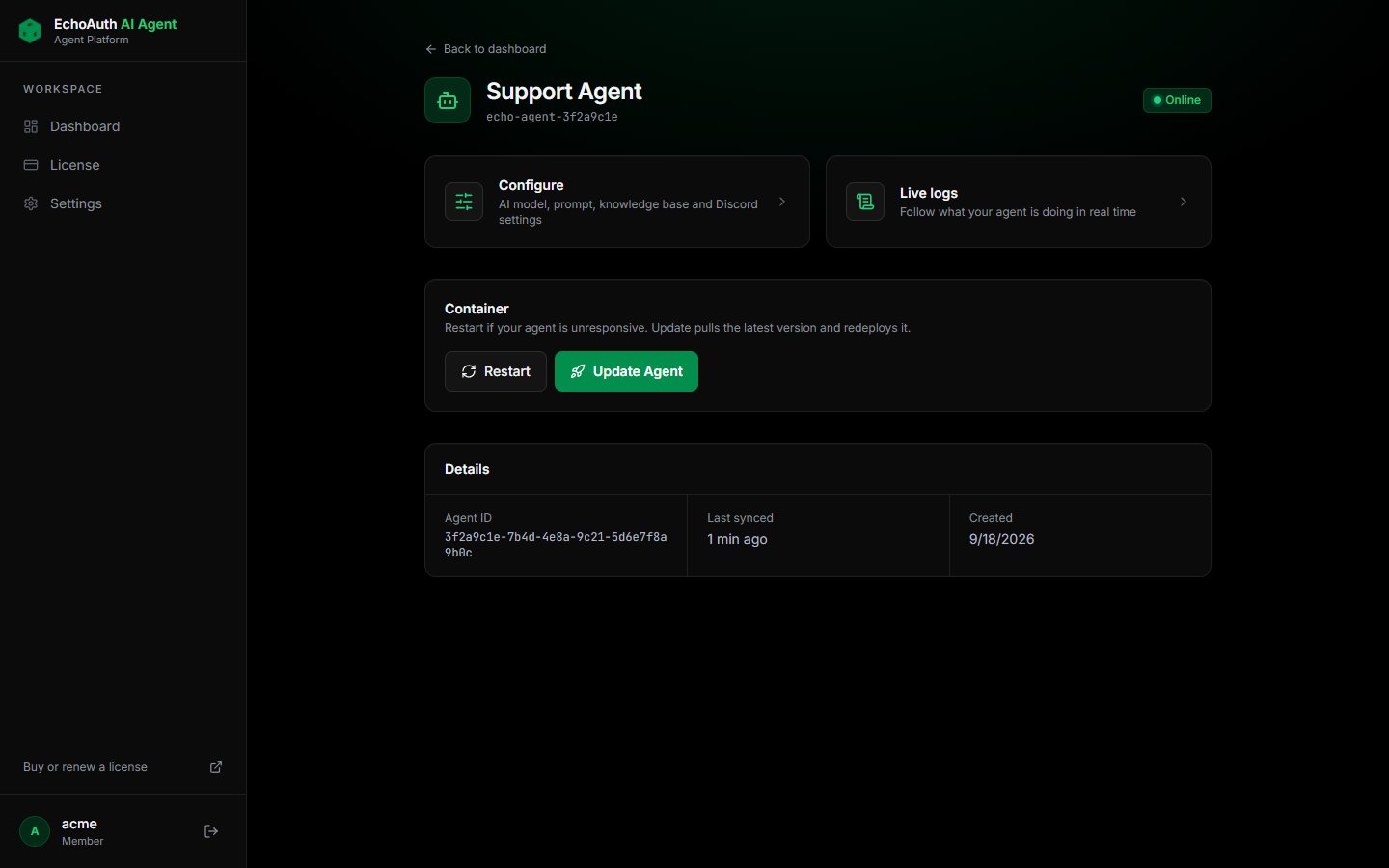 Agent page with Configure, Live logs, Restart and Update Agent