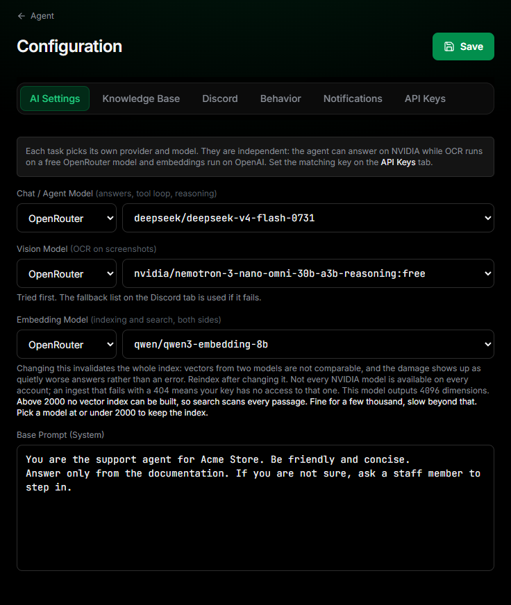 AI Settings tab with OpenRouter selected for chat, vision and embedding models