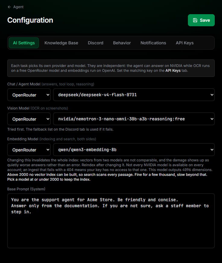 AI Settings tab with OpenRouter selected for chat, vision and embedding models