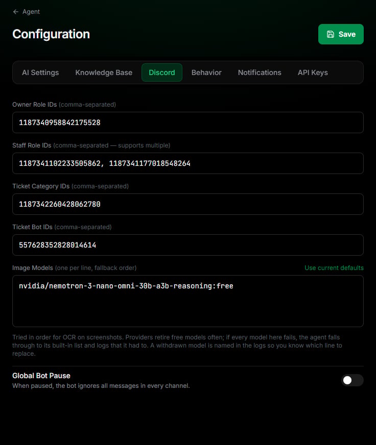 Discord tab with owner roles, staff roles, ticket category IDs, ticket bot IDs and image models