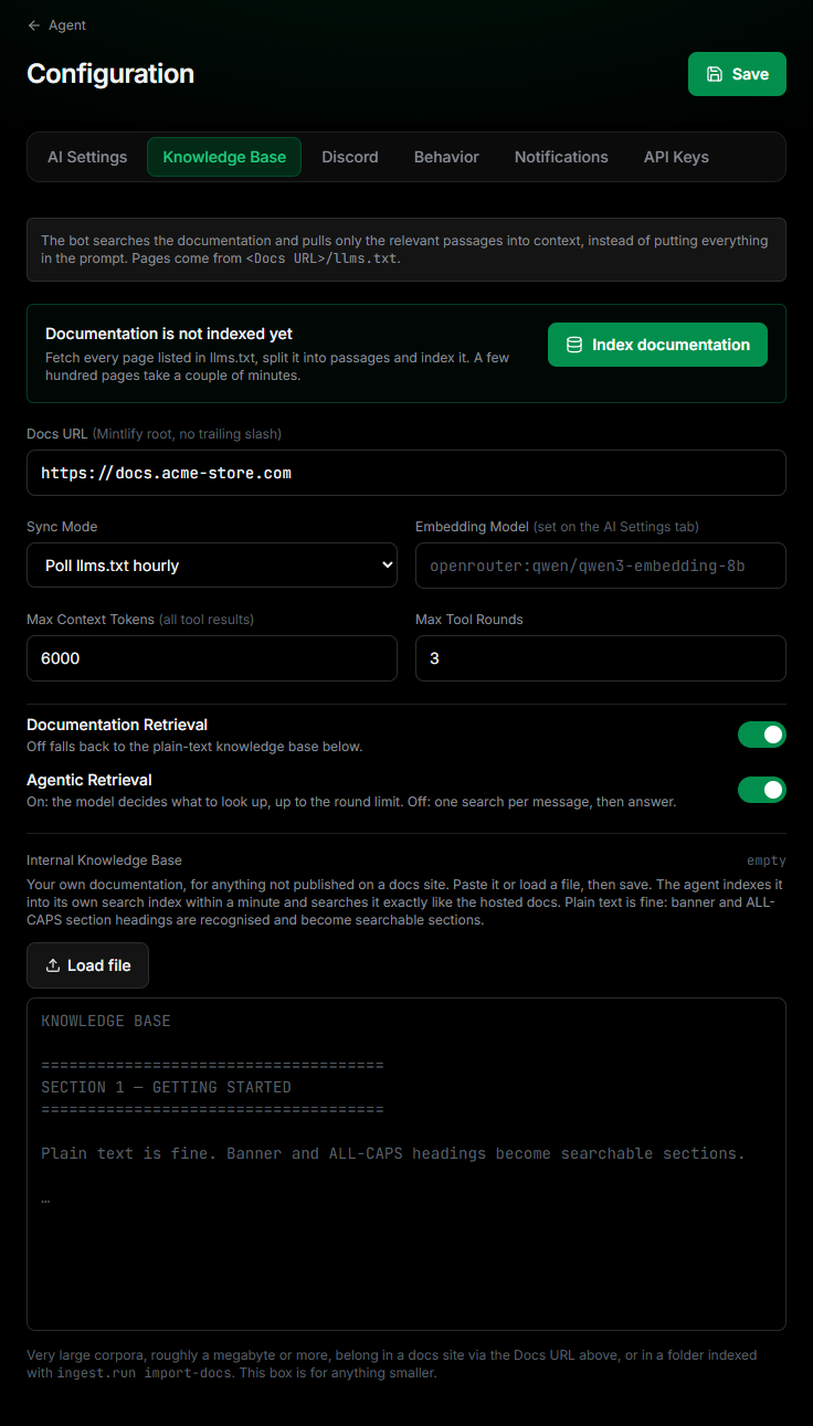 Knowledge Base tab with the Index documentation button, Docs URL and internal knowledge base