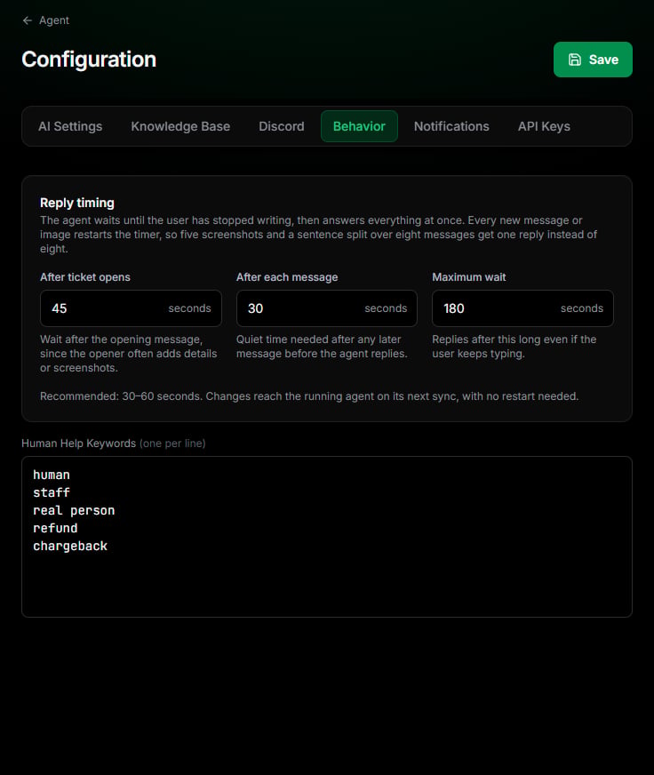 Behavior tab with reply timing and human help keywords