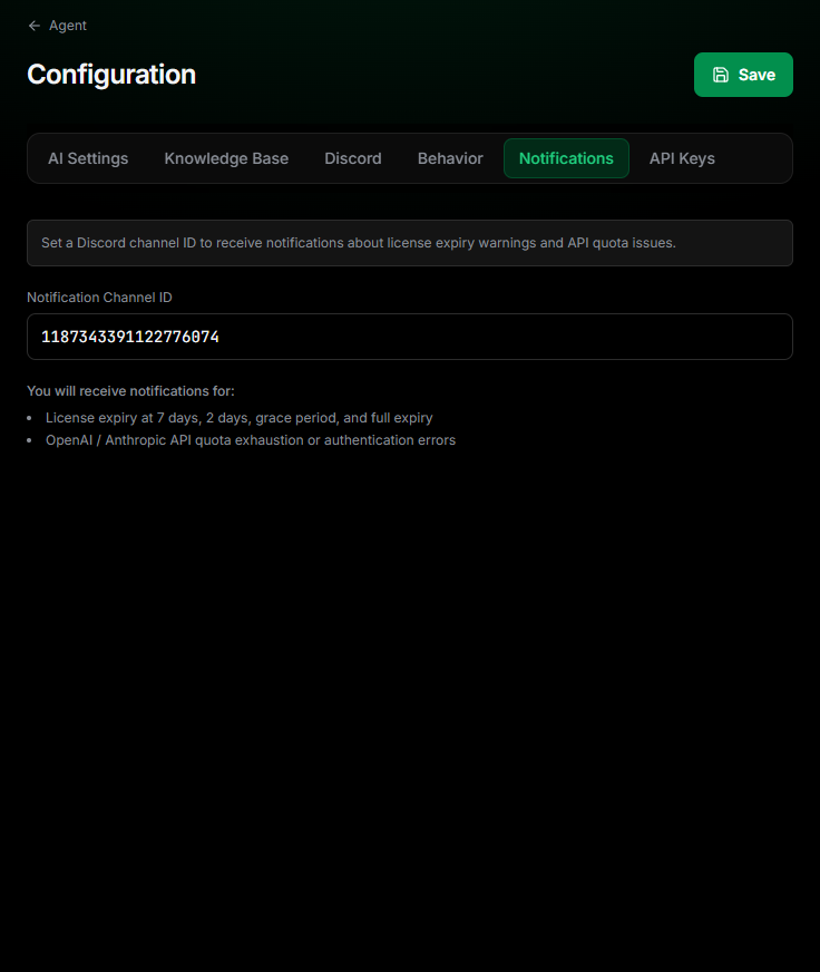 Notifications tab with the notification channel ID