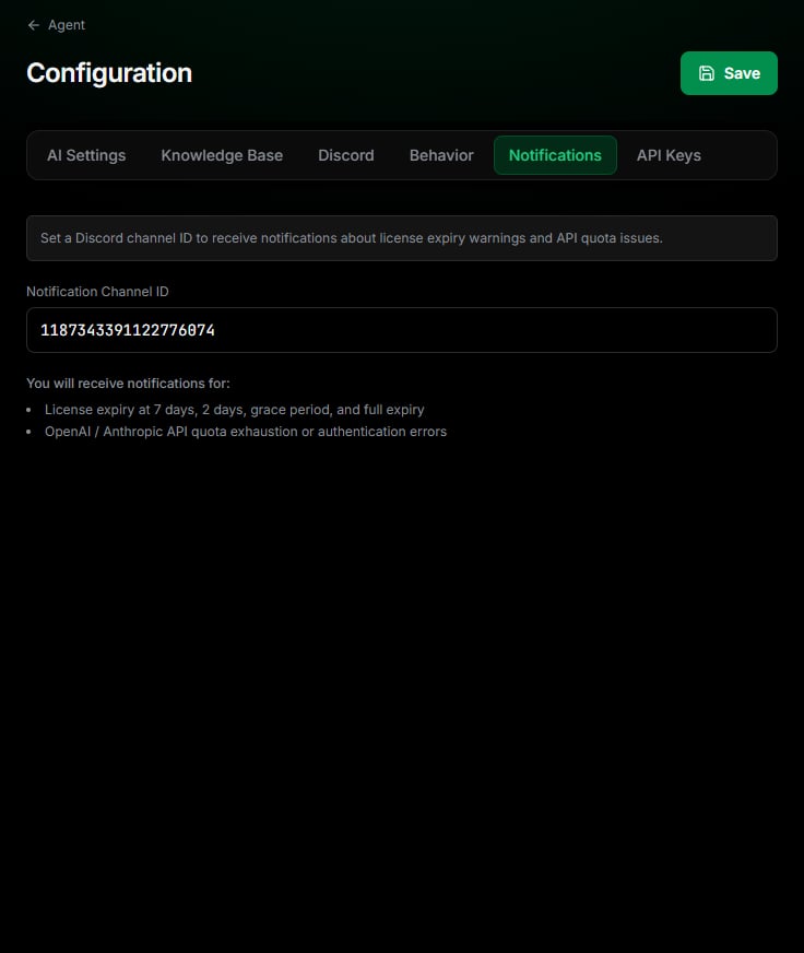 Notifications tab with the notification channel ID