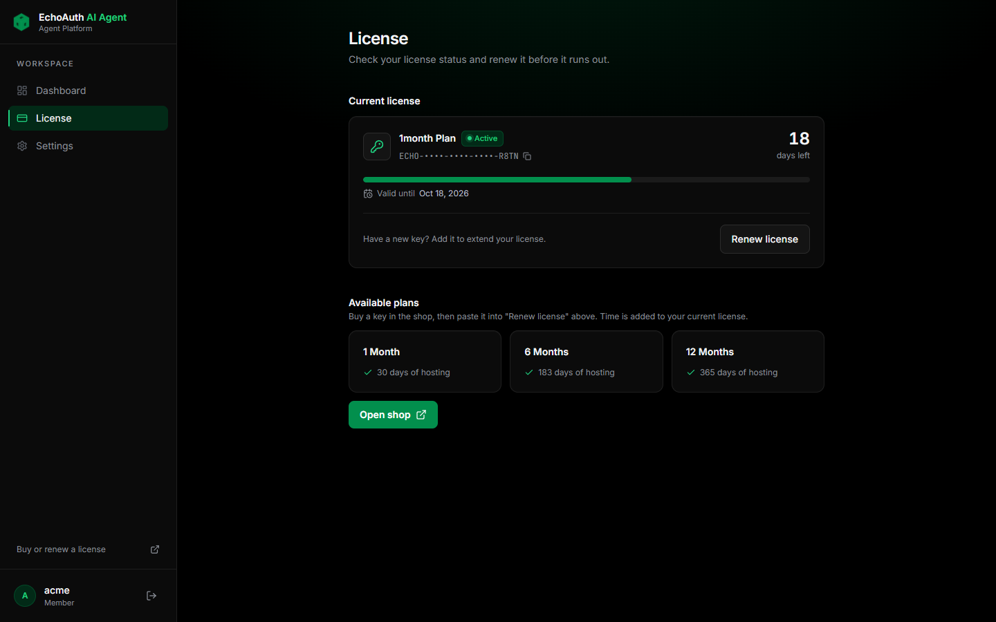 License page with status, days remaining and available plans