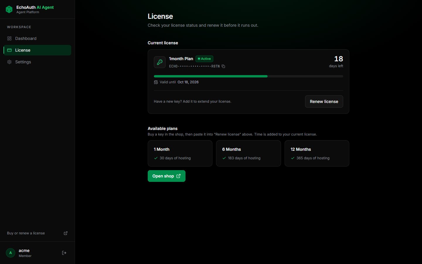 License page with status, days remaining and available plans