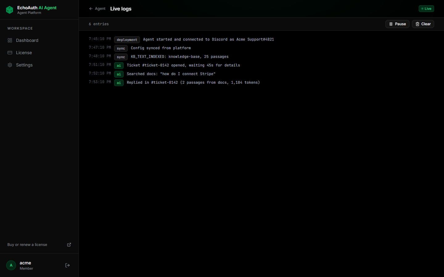 Live logs showing the agent start, sync, search the docs and reply in a ticket