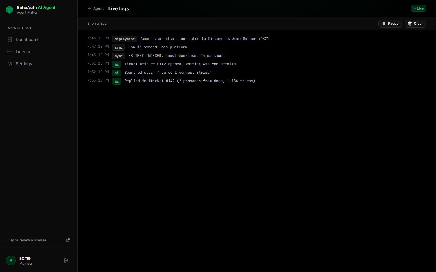Live logs showing the agent start, sync, search the docs and reply in a ticket