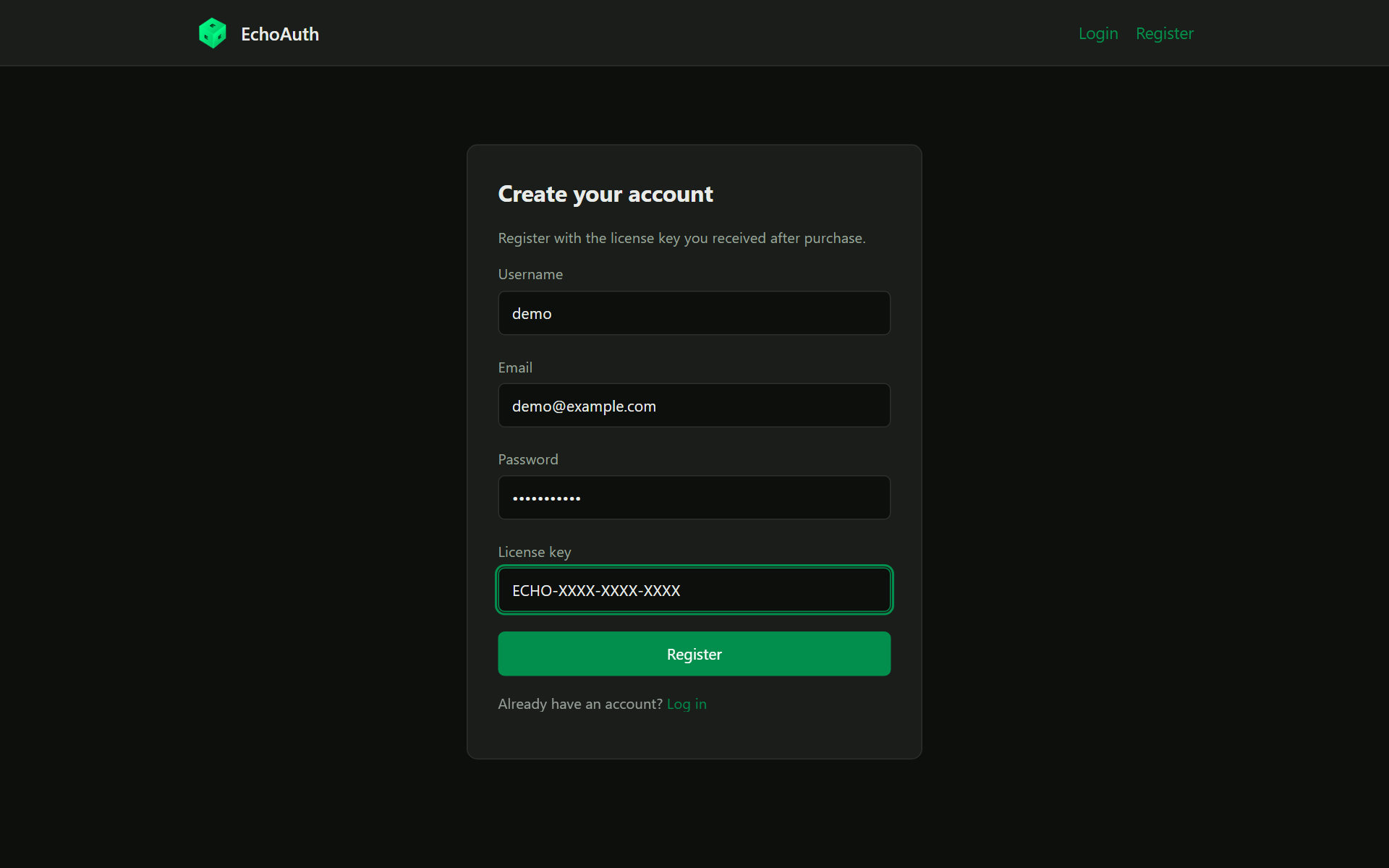 Registration form with username, email, password and license key