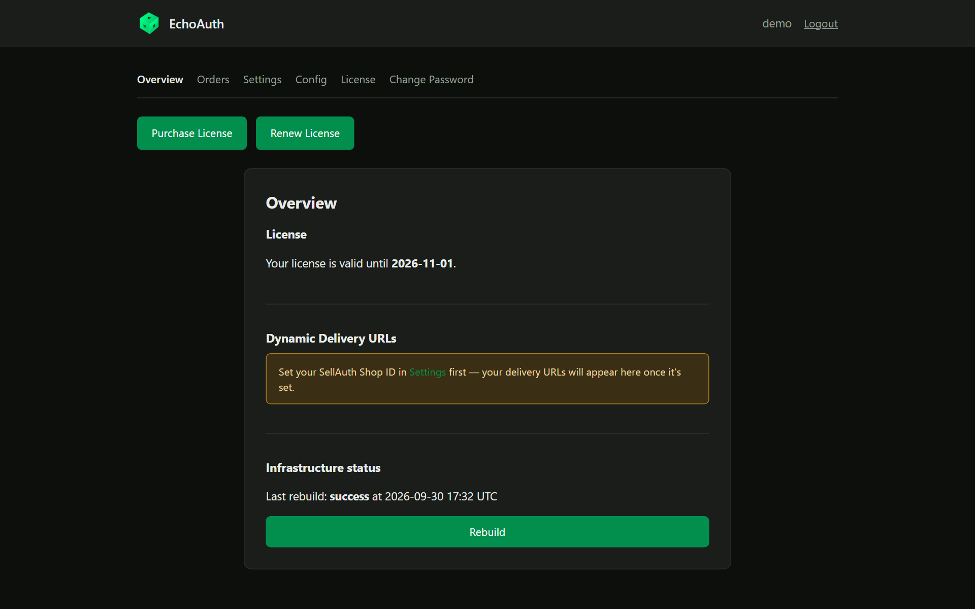 Overview page prompting to set the SellAuth Shop ID